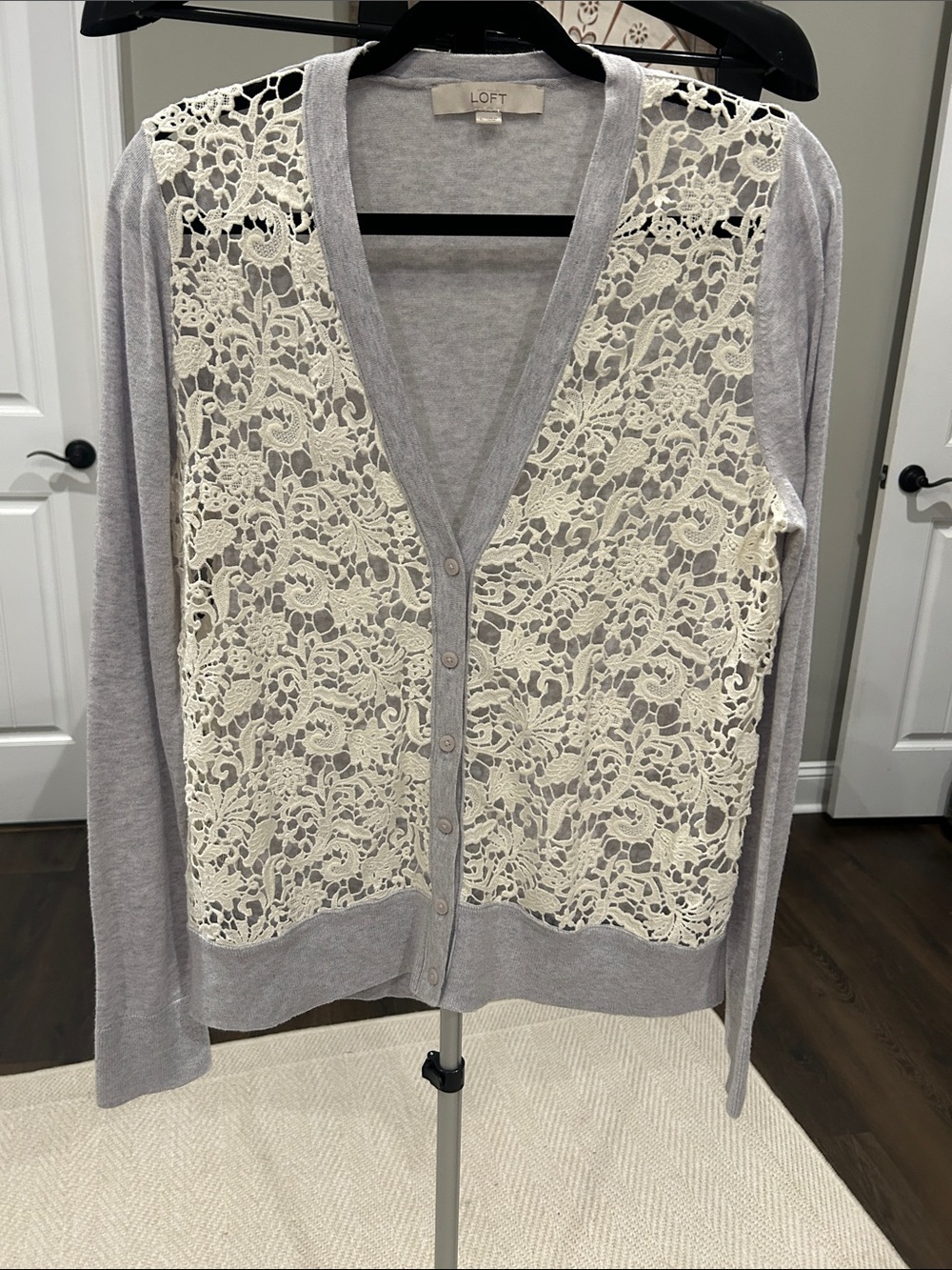 LOFT Gray Cardigan with Ivory Lace Front Panel / Sz lg / Great Quality